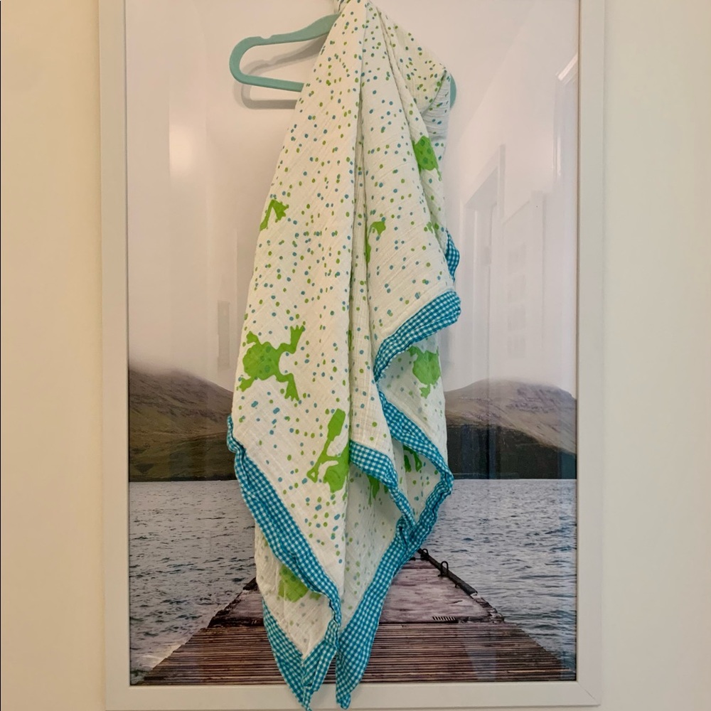 MacKenzie Child’s receiving blanket, swaddle, frogs